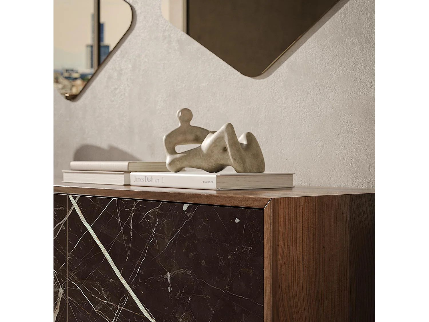 Aurea 3-deurs dressoir - Canaletto walnoot constructie, houtskoolgrijs, calcatta zwarte glazen deur met bedrukt glas