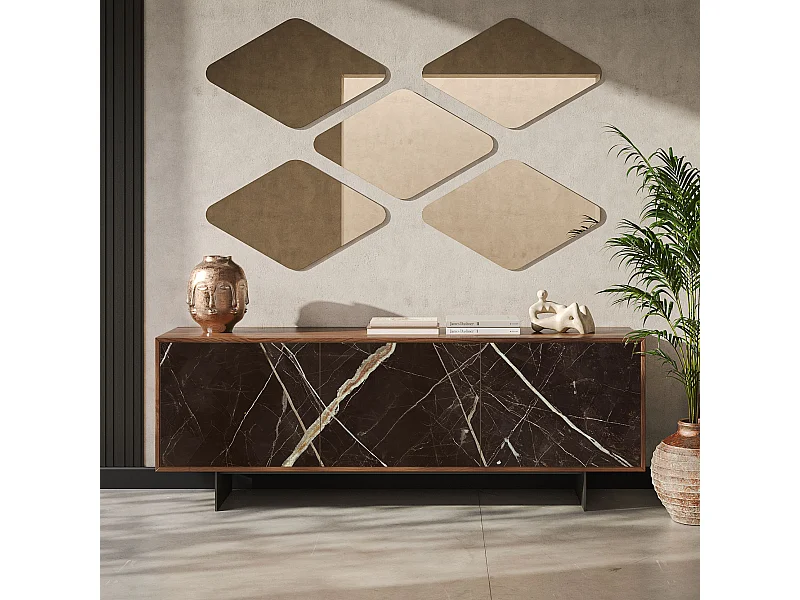 Aurea 3-deurs dressoir - Canaletto walnoot constructie, houtskoolgrijs, calcatta zwarte glazen deur met bedrukt glas