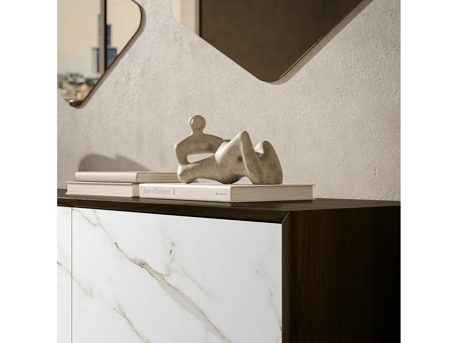 Aurea dressoir met 3 deuren - donker eikenhout constructie, antracietgrijs, glazen deur met calcatta bedrukt