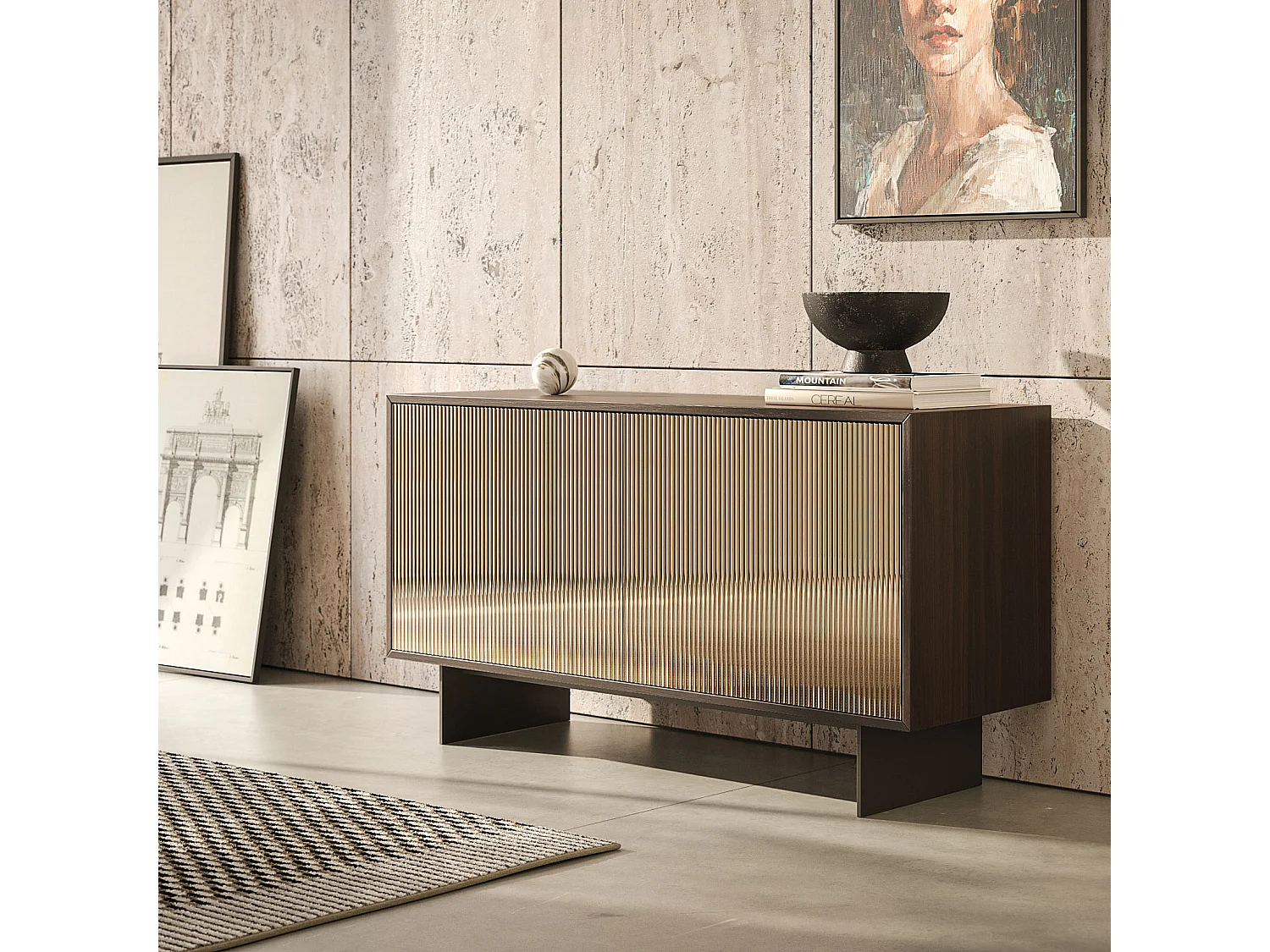 Buffet vesira cannete 2 portes - structure en chêne naturel, gris charbon, porte miroir bronzée