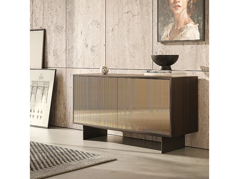 Buffet vesira cannete 2 portes - structure en chêne naturel, gris charbon, porte miroir bronzée