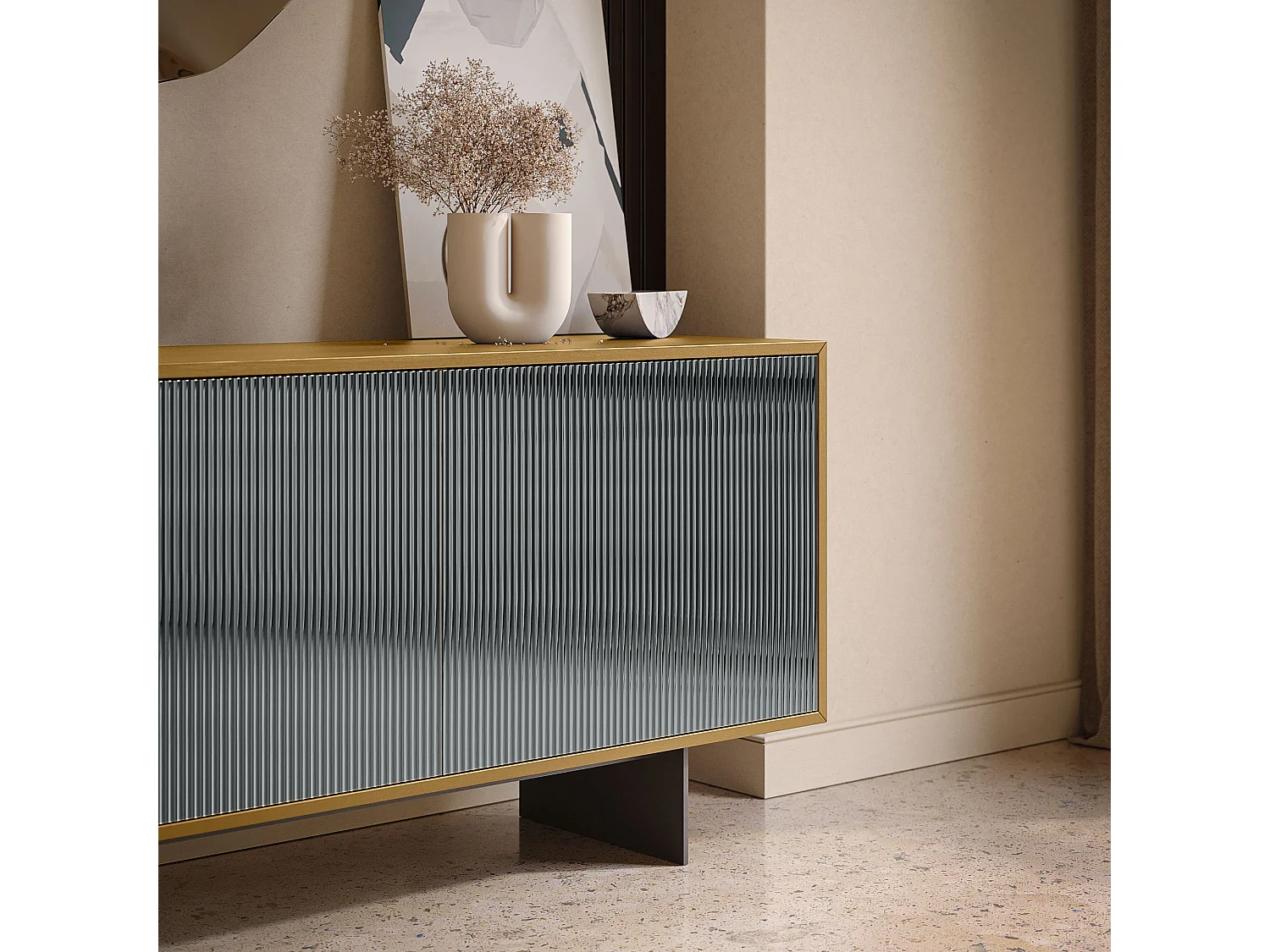 Vesira cannete dressoir met 3 deuren - natuurlijke eikenhouten constructie, antracietgrijs, deur met gerookte spiegel