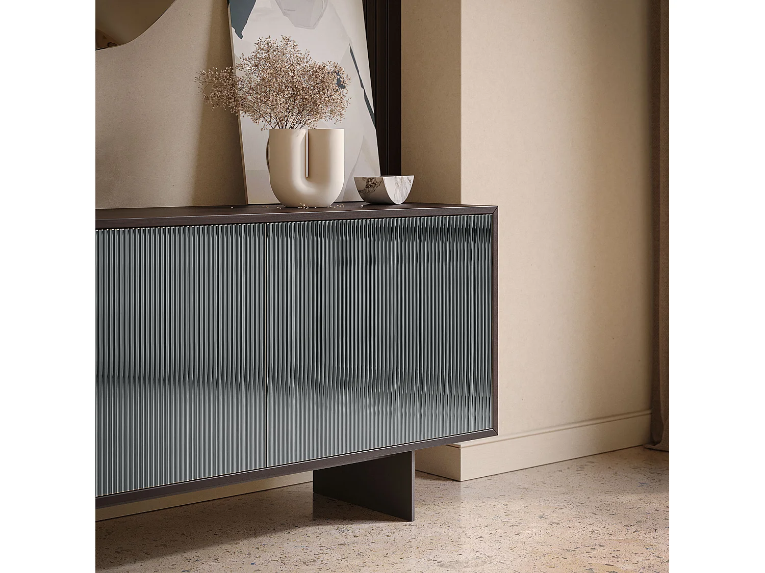 Buffet vesira cannete 3 portes - structure en chêne foncé, gris anthracite, porte miroir fumé