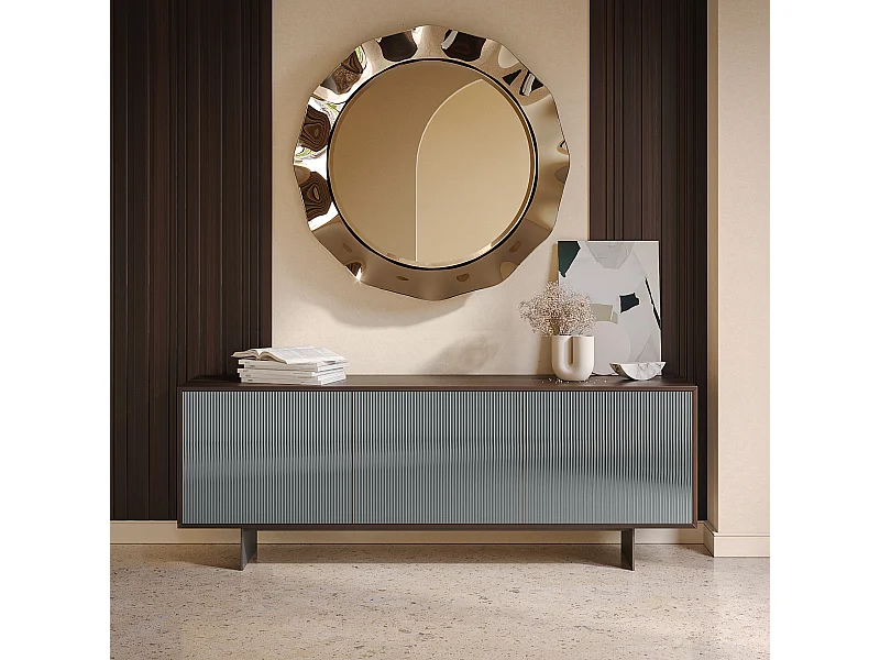 Vesira Cannete dressoir met 3 deuren - donker eikenhout constructie, antracietgrijs, deur met rookspiegel