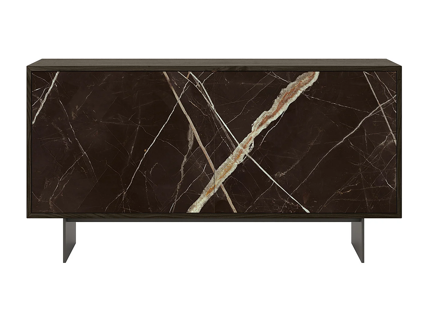 Aurea dressoir met 2 deuren - donker eikenhout gebouw, antracietgrijs, calcatta zwarte glazen deur bedrukt