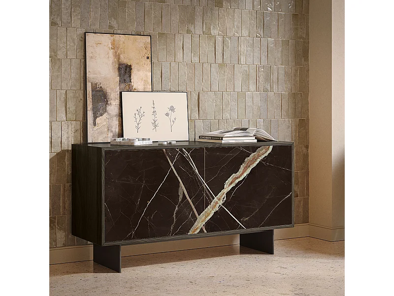 Aurea dressoir met 2 deuren - donker eikenhout gebouw, antracietgrijs, calcatta zwarte glazen deur bedrukt