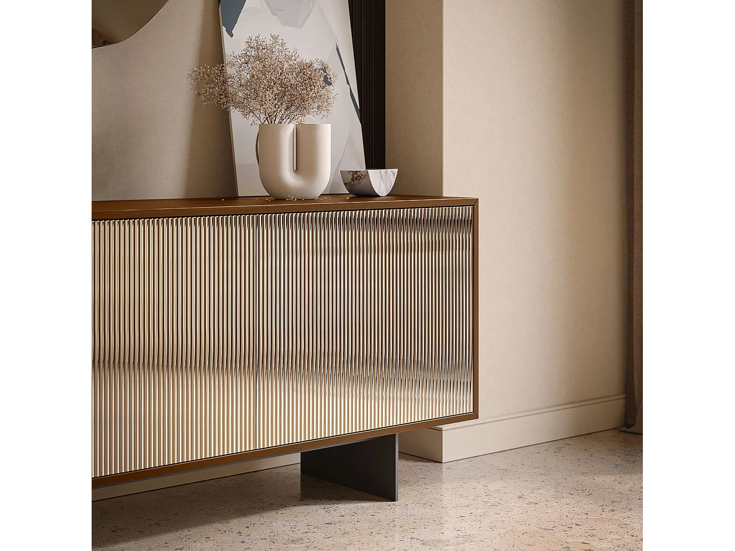 Buffet vesira cannete 3 portes - structure en noyer canaletto, gris anthracite, porte miroir bronzée