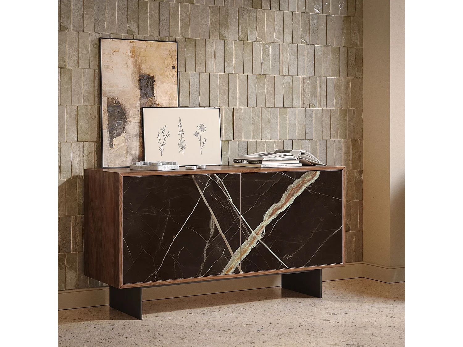 Buffet aurea 2 portes - structure en noyer canaletto, gris charbon, porte en verre imprimé calcatta noir