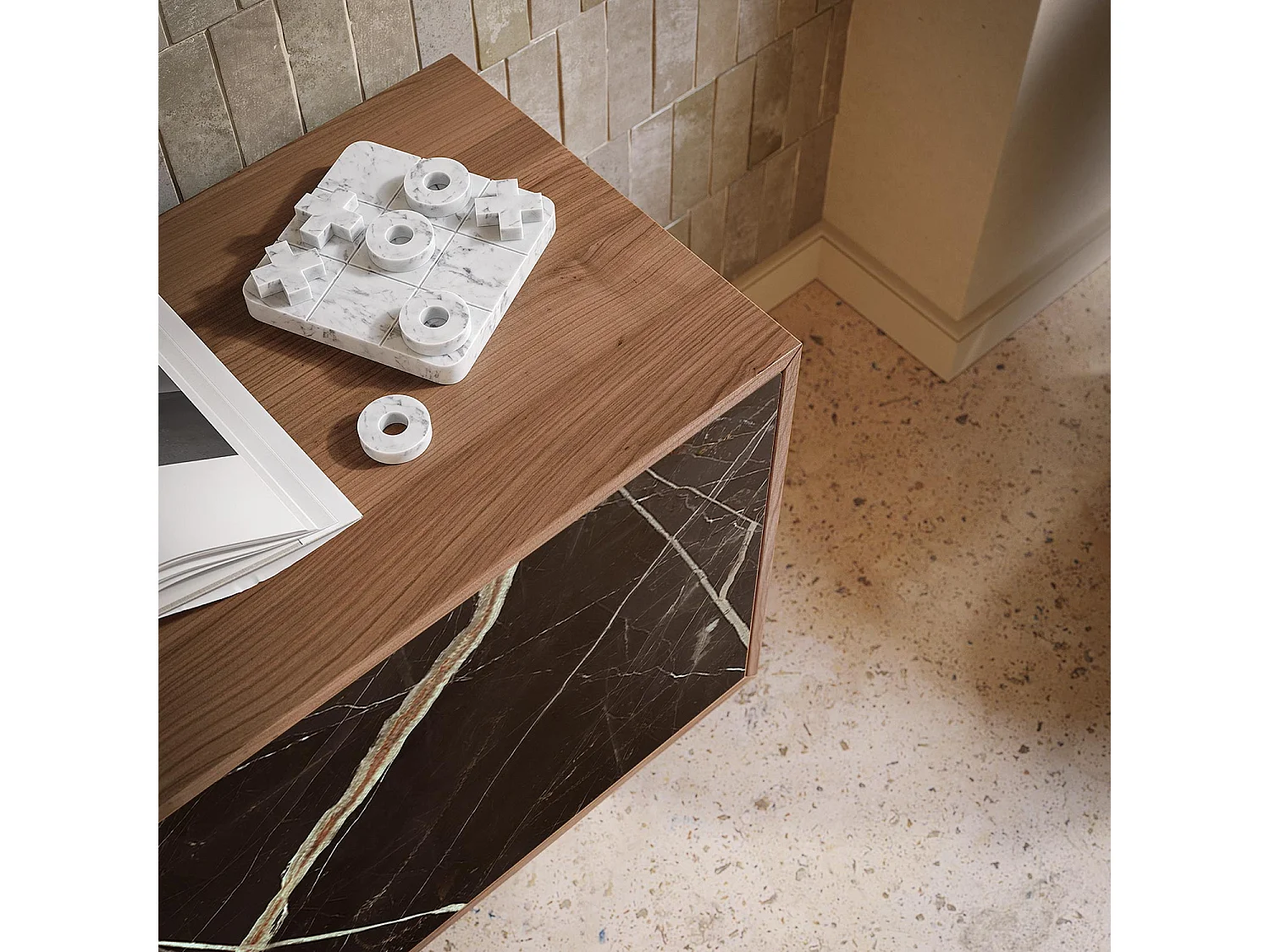 Buffet aurea 2 portes - structure en noyer canaletto, gris charbon, porte en verre imprimé calcatta noir