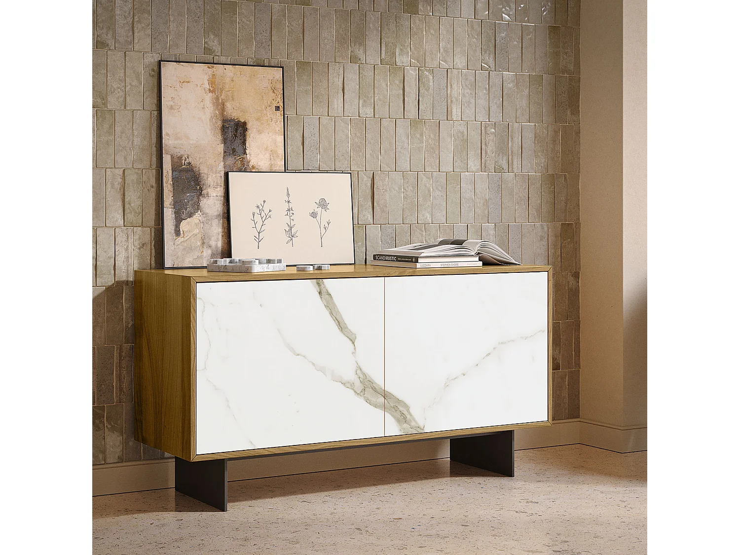 Aurea dressoir met 2 deuren - natuurlijke eikenhouten constructie, antracietgrijs, glazen deur met calcatta bedrukt