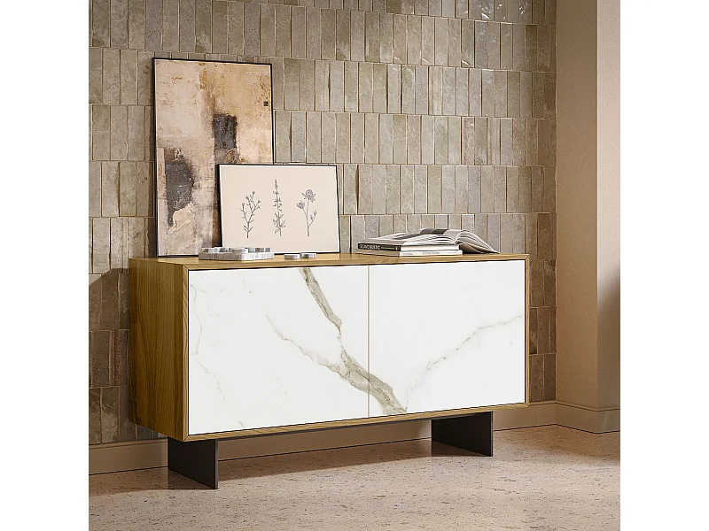 Aurea dressoir met 2 deuren - natuurlijke eikenhouten constructie, antracietgrijs, glazen deur met calcatta bedrukt