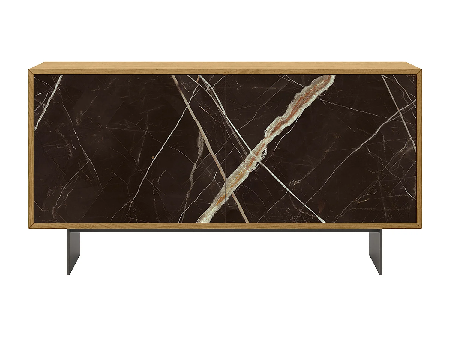 Bufet aurea 2 portes - structure en chêne naturel, gris charbon, porte en verre imprimé noir calcatta