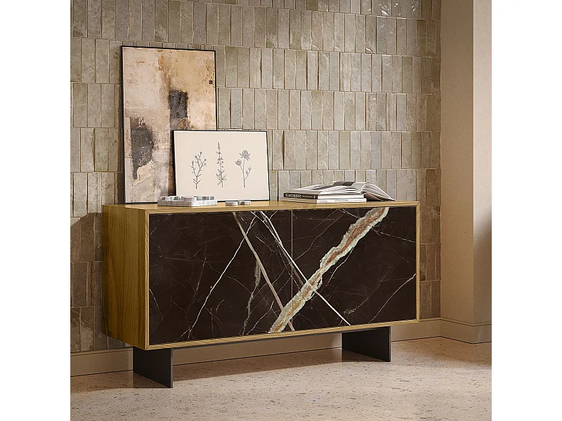 Aurea dressoir met 2 deuren - natuurlijke eikenhouten constructie, antracietgrijs, calcatta zwarte glazen deur bedrukt