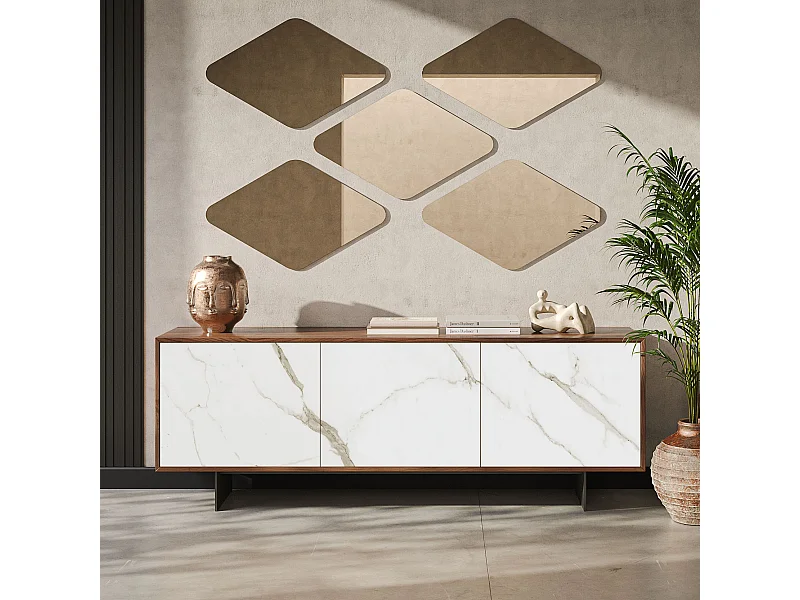 Aurea 3-deurs dressoir - Canaletto walnootstructuur, antracietgrijs, glazen deur met calcatta bedrukt