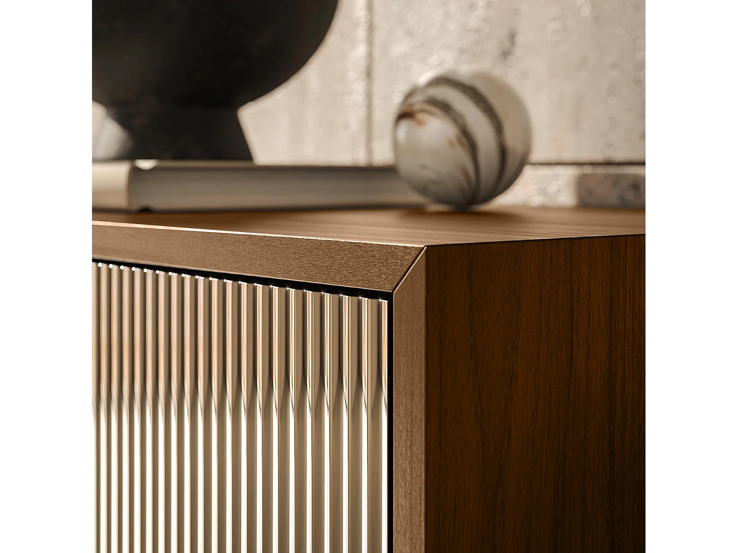 Buffet vesira cannete 2 portes - structure en noyer canaletto, gris anthracite, porte miroir bronzée