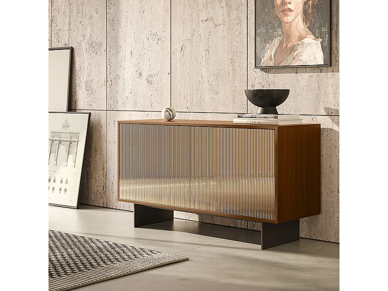 Buffet vesira cannete 2 portes - structure en noyer canaletto, gris anthracite, porte miroir bronzée