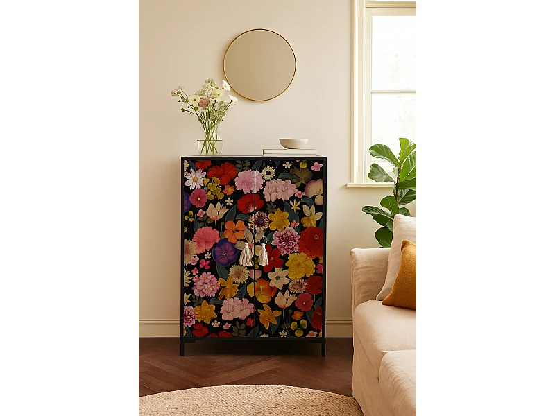 Aparador de MDF con 2 puertas, motivo decorativo Nero, flores multicolor