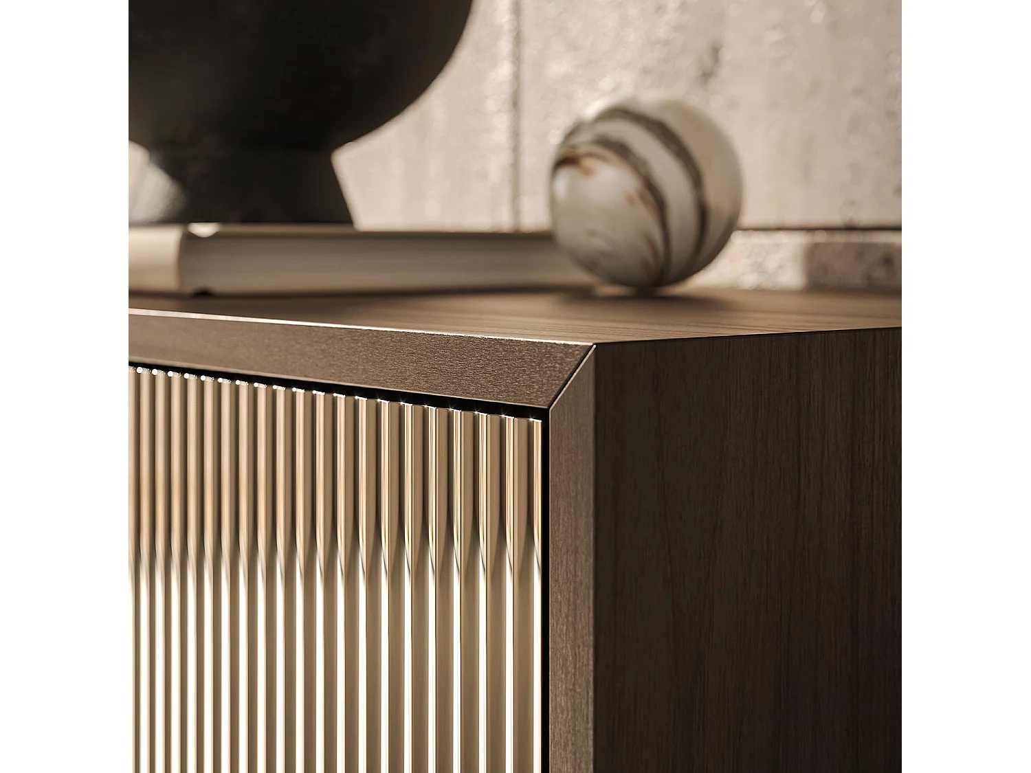 Buffet vesira cannete 2 portes - chêne foncé, structure gris charbon, porte miroir bronzée