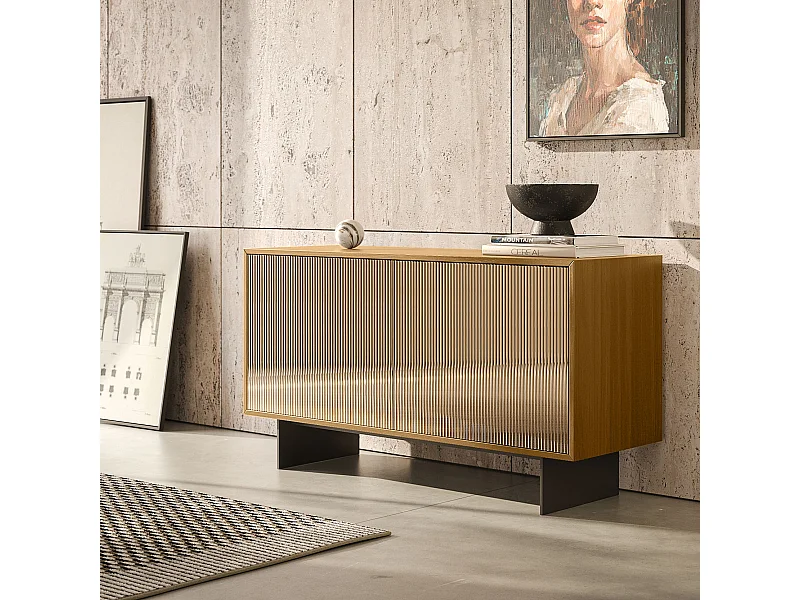 Buffet vesira cannete 2 portes - chêne foncé, structure gris charbon, porte miroir bronzée