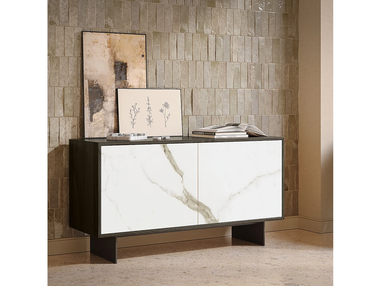 Aurea dressoir met 2 deuren - donker eikenhout constructie, antracietgrijs, glazen deur met calcatta-print