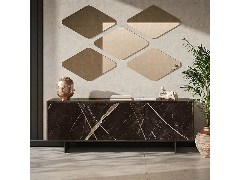 Aurea 3-deurs dressoir - donker eikenhout constructie, antracietgrijs, calcatta zwarte glazen deur met print