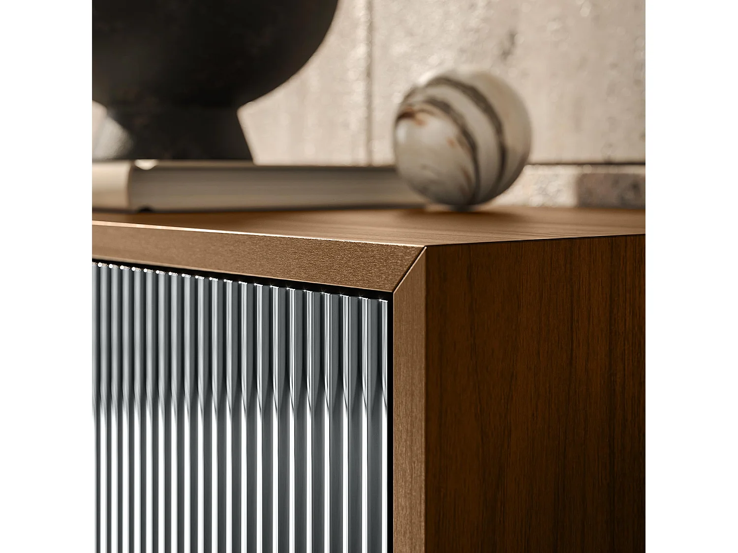 Buffet vesira cannete 2 portes - structure en noyer canaletto, gris anthracite, porte miroir fumé