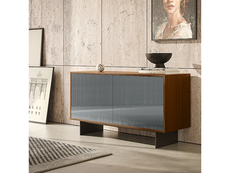 Vesira cannete dressoir met 2 deuren - Canaletto walnootstructuur, antracietgrijs, deur met gerookte spiegel