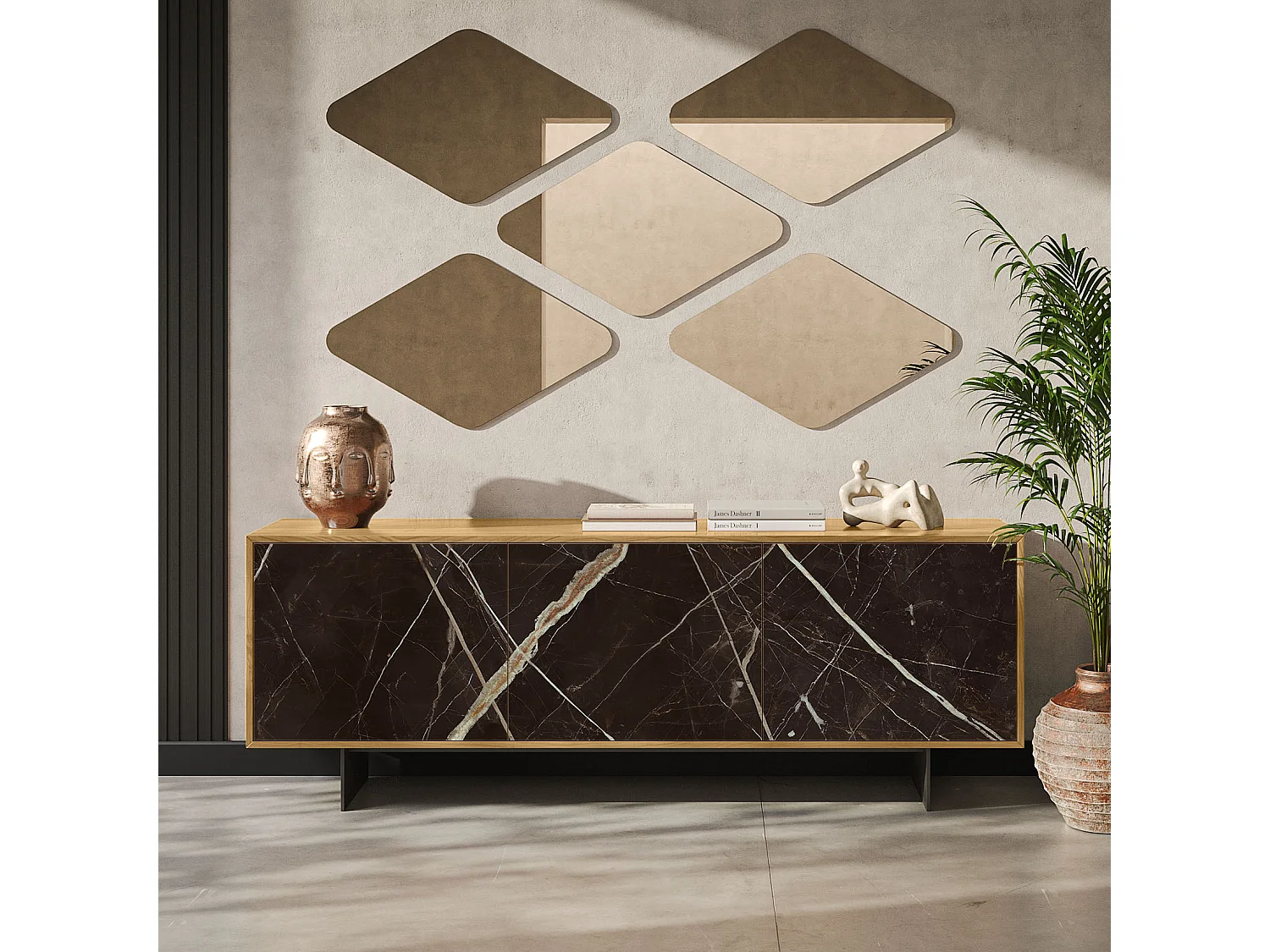 Aurea dressoir met 3 deuren - natuurlijke eikenhouten constructie, antracietgrijs, calcatta zwarte glazen deur bedrukt