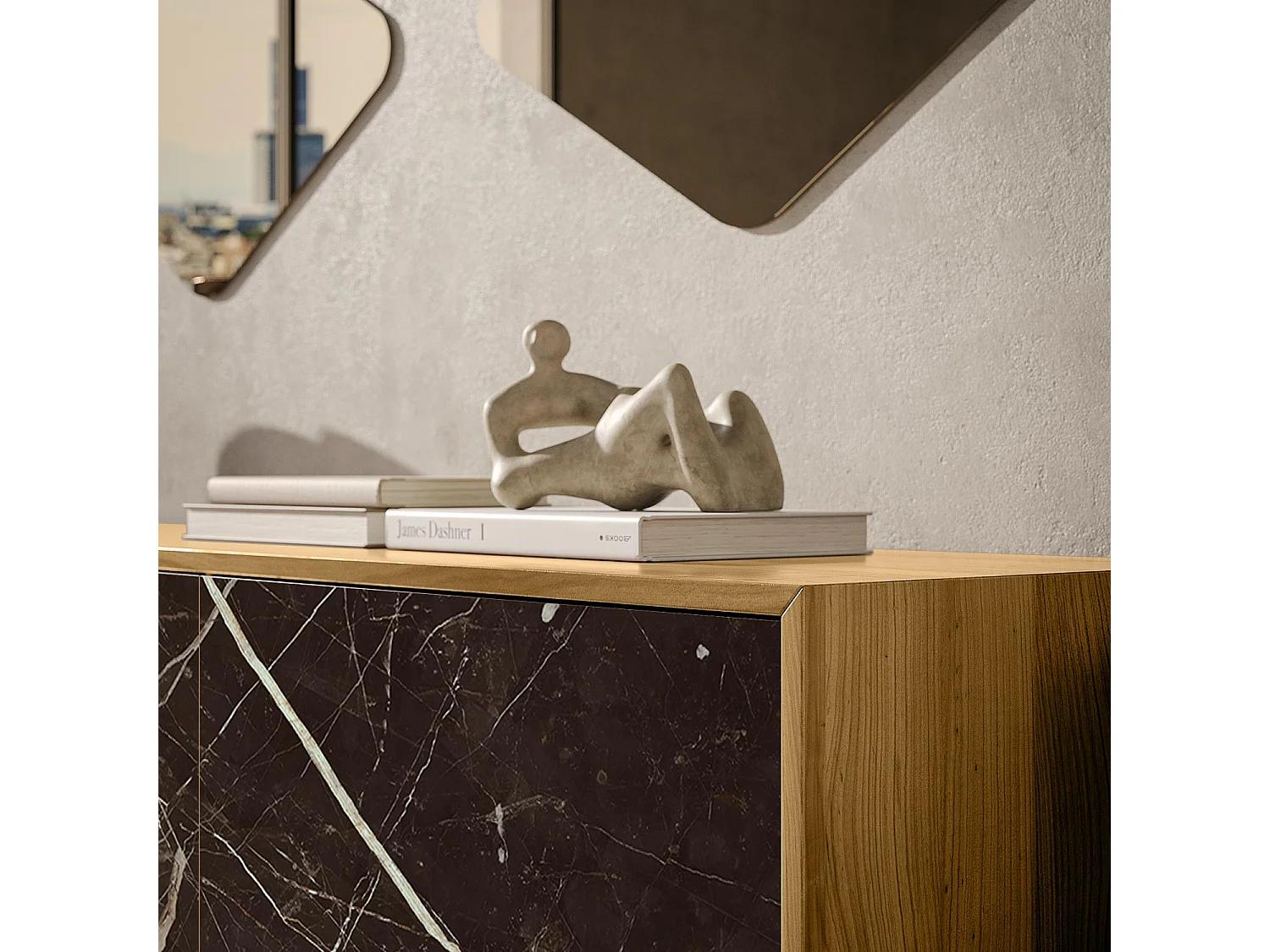 Aurea dressoir met 3 deuren - natuurlijke eikenhouten constructie, antracietgrijs, calcatta zwarte glazen deur bedrukt