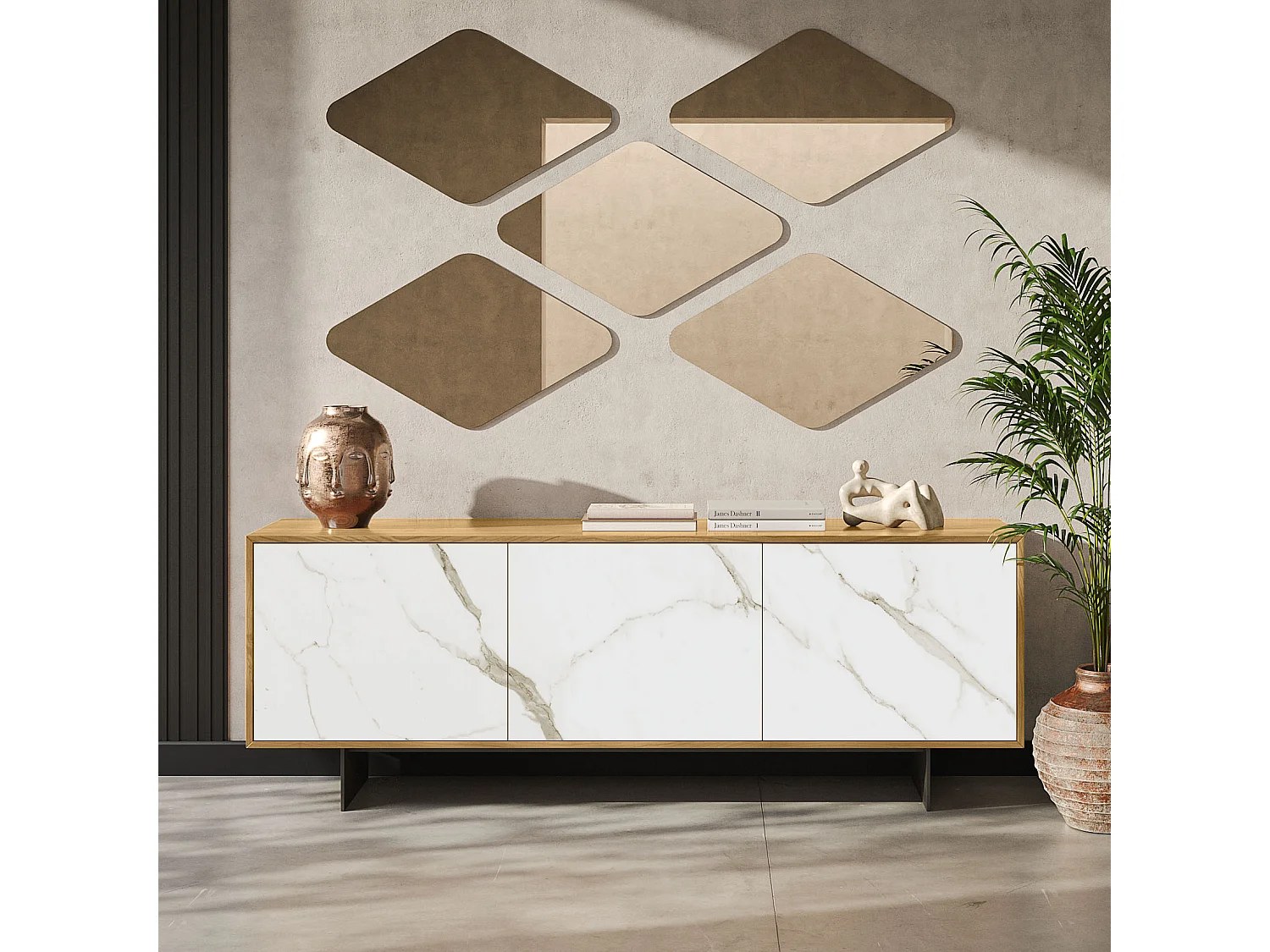 Aurea dressoir met 3 deuren - constructie van natuurlijk eikenhout, antracietgrijs, glazen deur met calcatta bedrukt