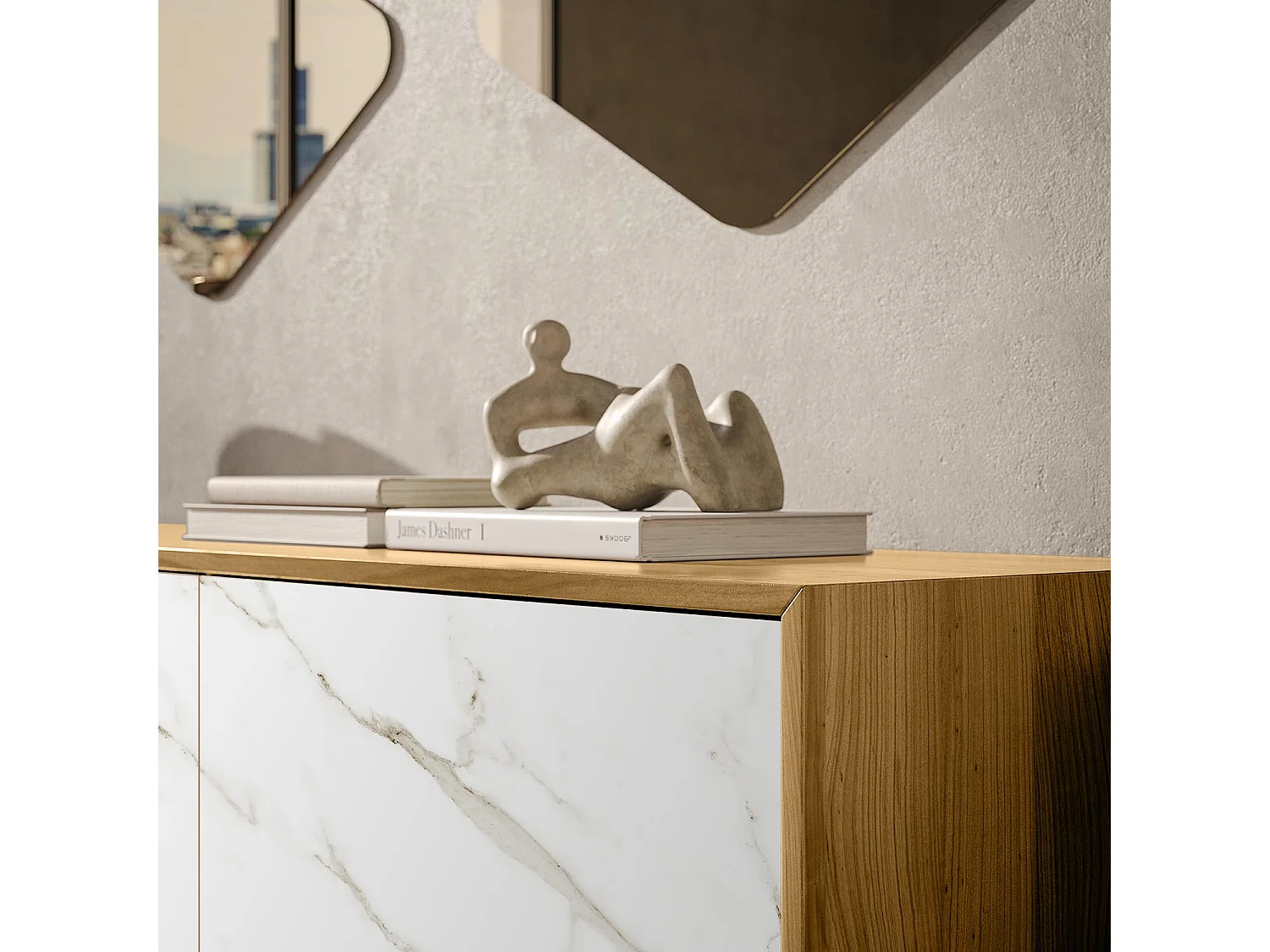 Aurea dressoir met 3 deuren - constructie van natuurlijk eikenhout, antracietgrijs, glazen deur met calcatta bedrukt