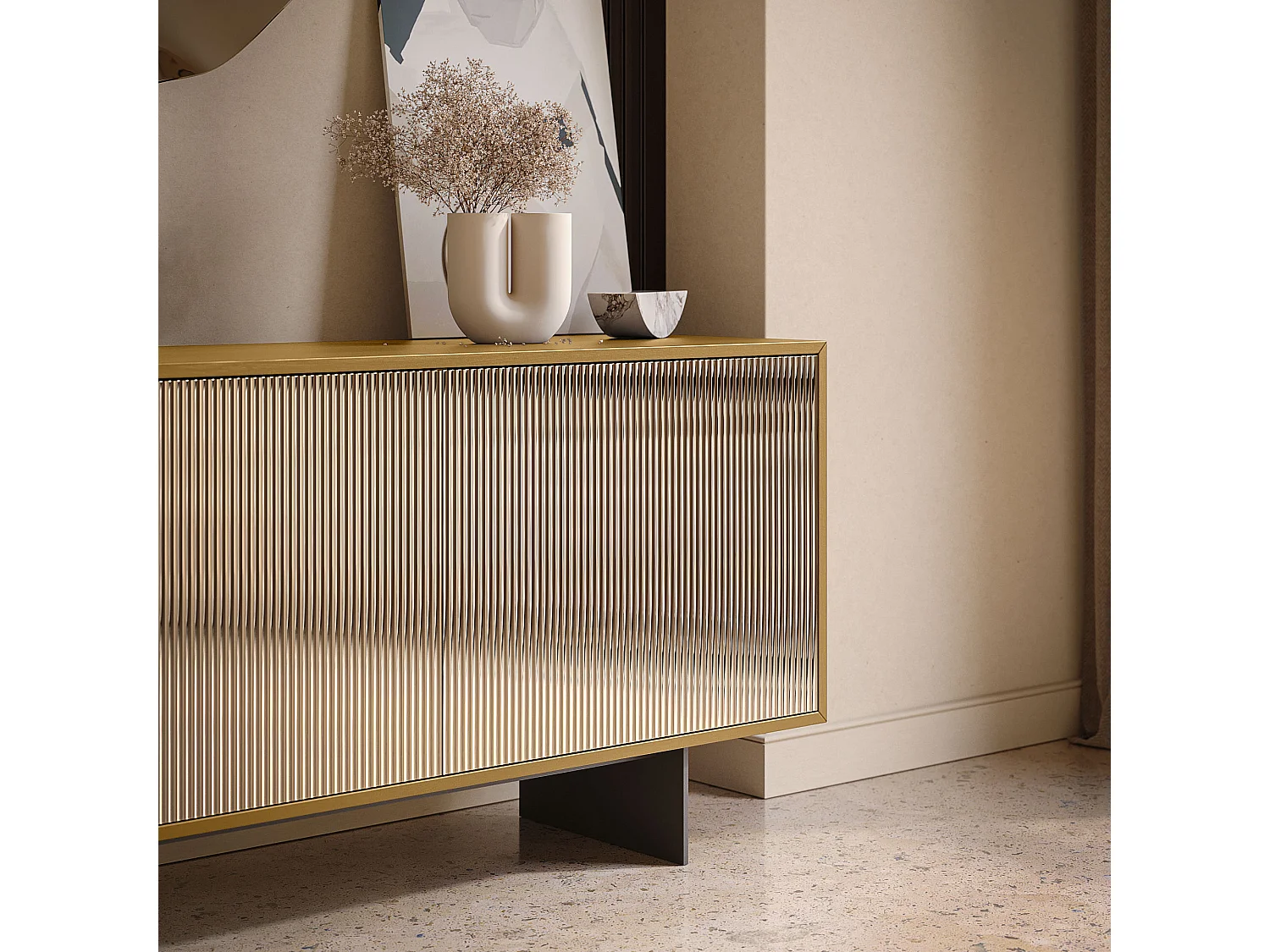 Buffet vesira cannete 3 portes - structure en chêne naturel, gris charbon, porte miroir bronzée