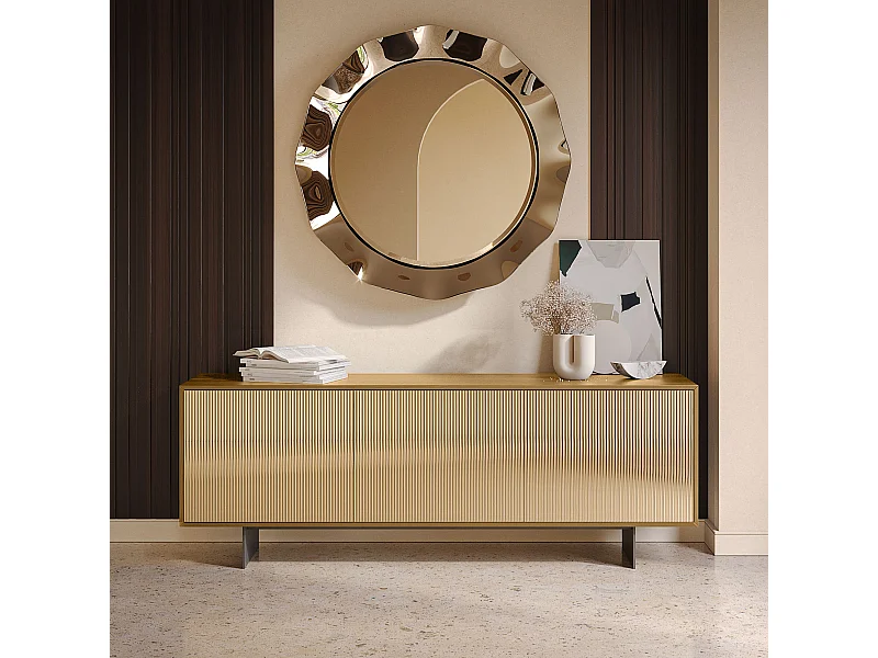 Buffet vesira cannete 3 portes - structure en chêne naturel, gris charbon, porte miroir bronzée