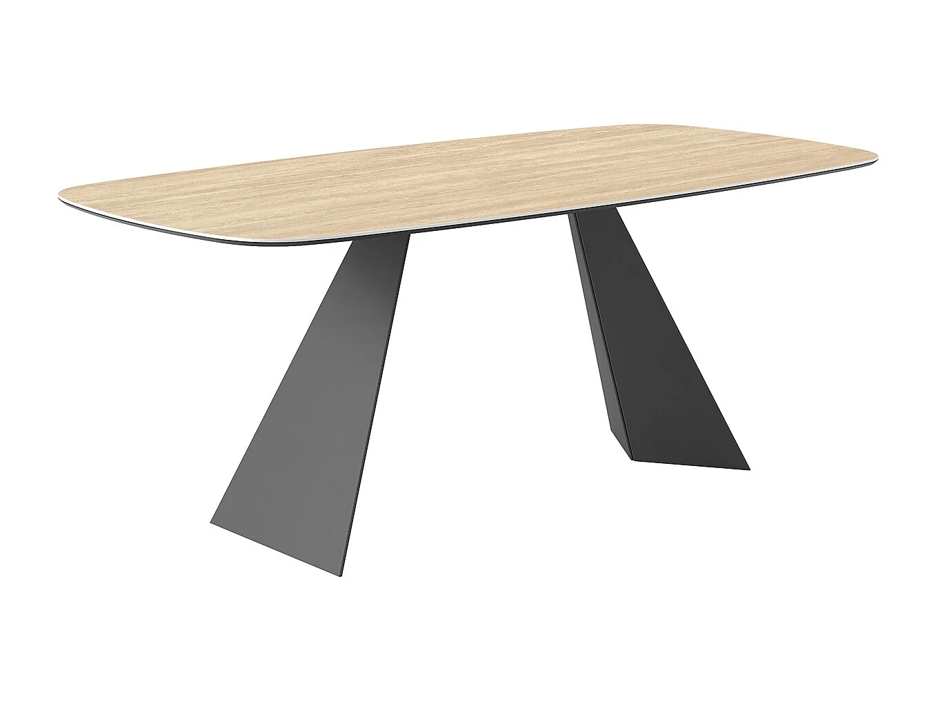 Table fixe prisma travertino - gris charbon, bord incliné du canon, grès travertin beige