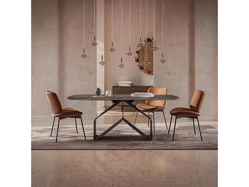 Table fixe à ruban - gris charbon, tonneau à bord incliné, dessus en porcelaine emperador