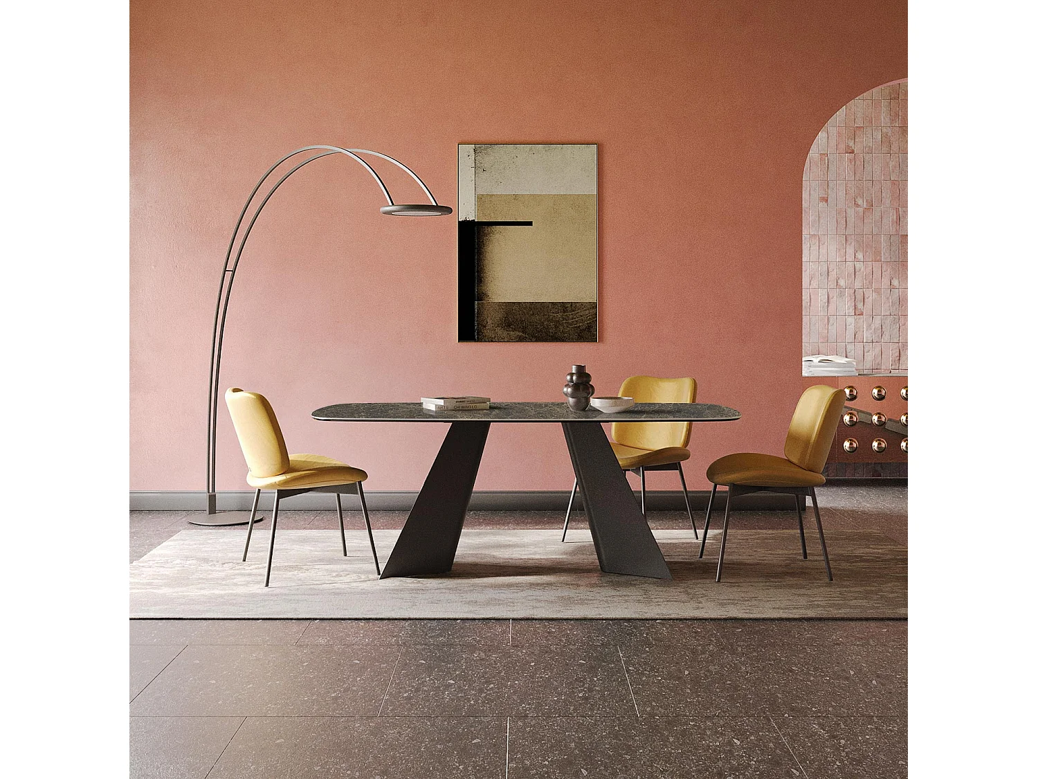 Table fixe jumelée - gris charbon, canon à bord incliné, dessus en porcelaine emperador