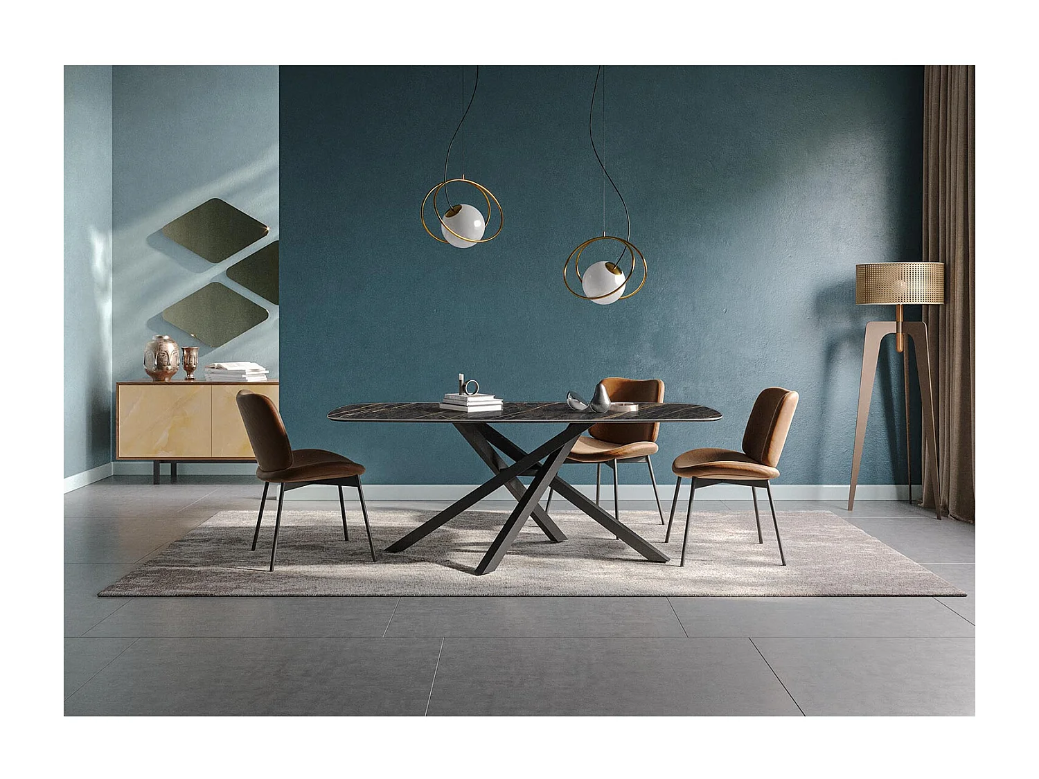 Table fixe tournante - gris charbon, canon avec bord incliné, dessus en porcelaine portoro polie