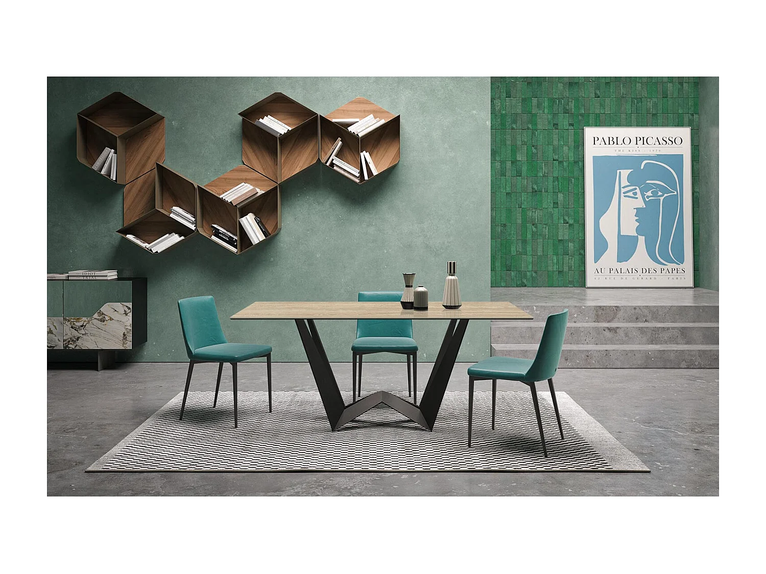 Table en travertin fixe mini au verso - gris charbon, bord rectangulaire incliné, grès beige en travertin