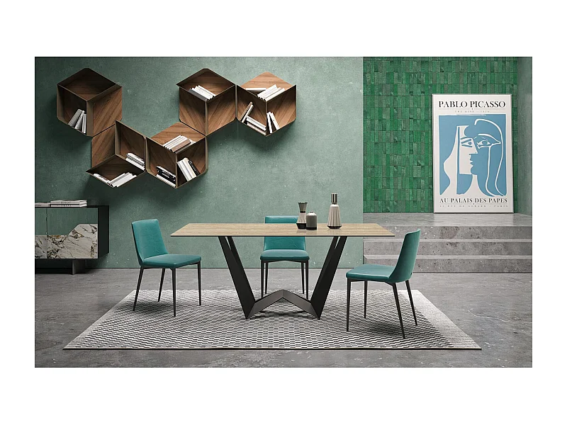 Table en travertin fixe mini au verso - gris charbon, bord rectangulaire incliné, grès beige en travertin