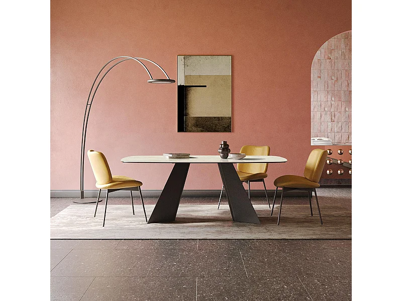 Table fixe double travertin - gris charbon, bord incliné du canon, grès travertin blanc