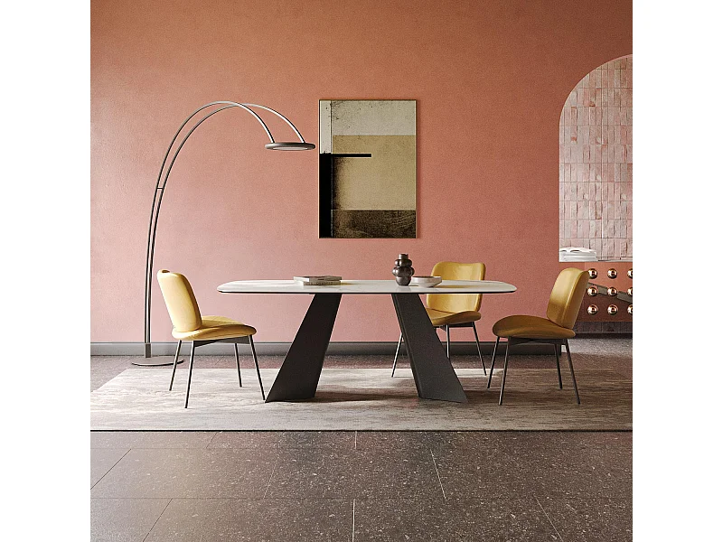 Table fixe double - gris charbon, canon à bord incliné, dessus en grès porcel. statuaires très élevées