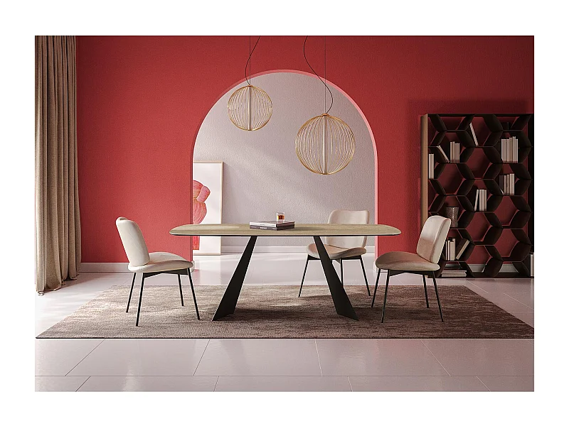 Table fixe prisma travertino - gris charbon, bord incliné du canon, grès travertin en noyer