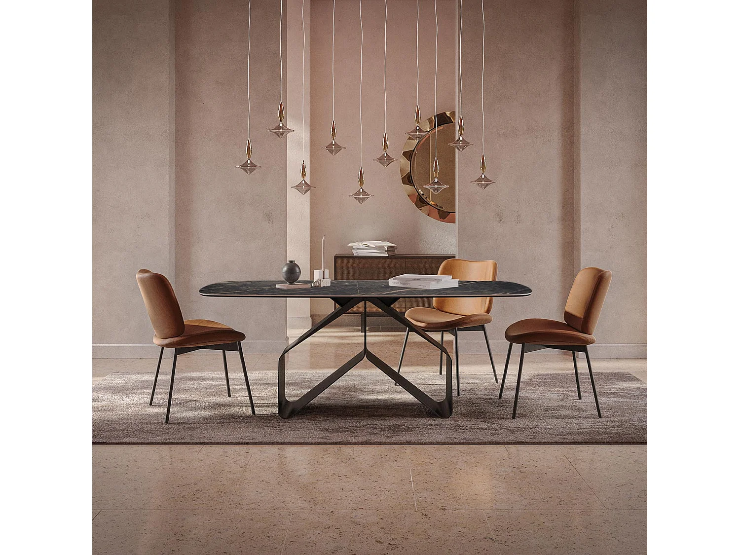 Table fixe à ruban - gris charbon, canon avec bord incliné, dessus en porcelaine portoro polie