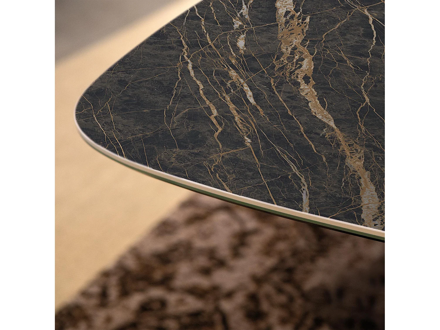 Table fixe à ruban - gris charbon, canon avec bord incliné, dessus en porcelaine portoro polie