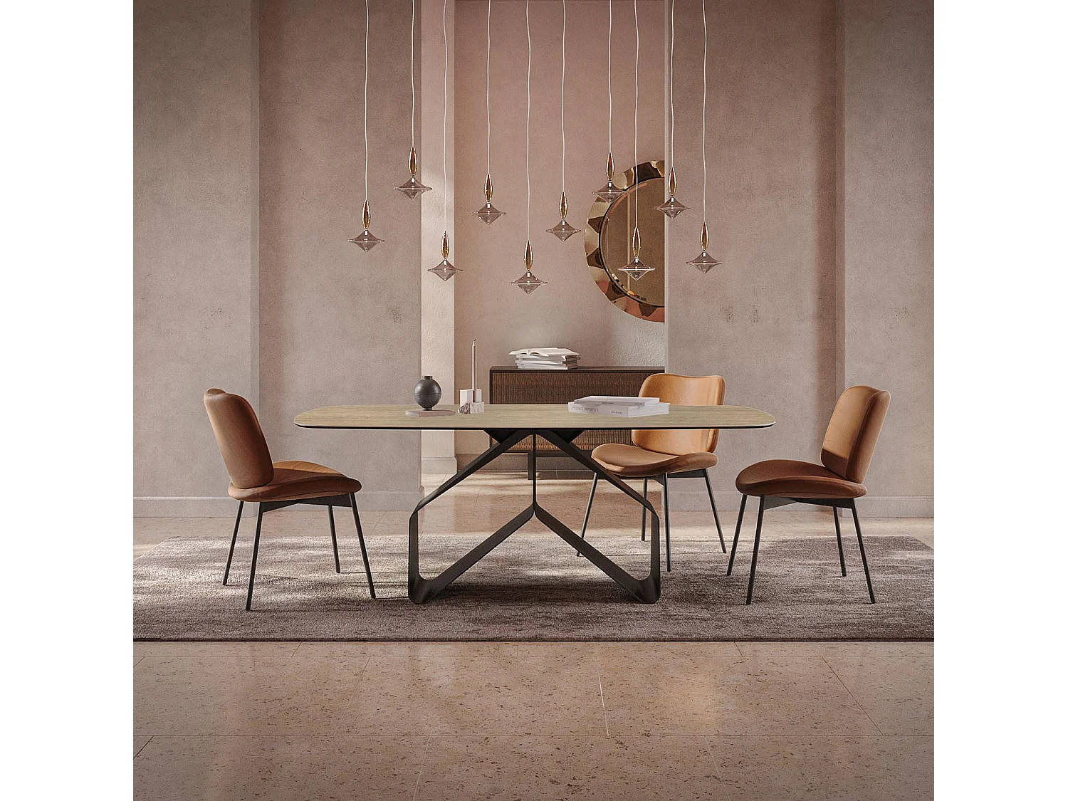 Travertijnlint vaste tafel - antracietgrijs, vat schuin rand, walnoot travertijn steengoed