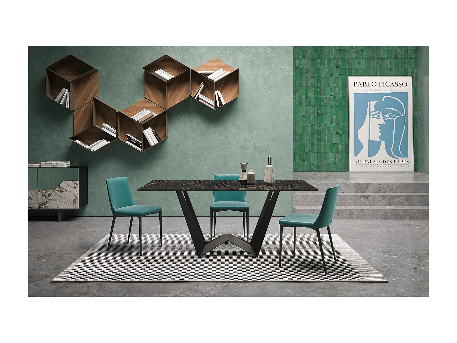 Mini table fixe inversée en céramique gris anthracite rectangulaire avec un bord incliné en porcelaine en surface brillante portoro