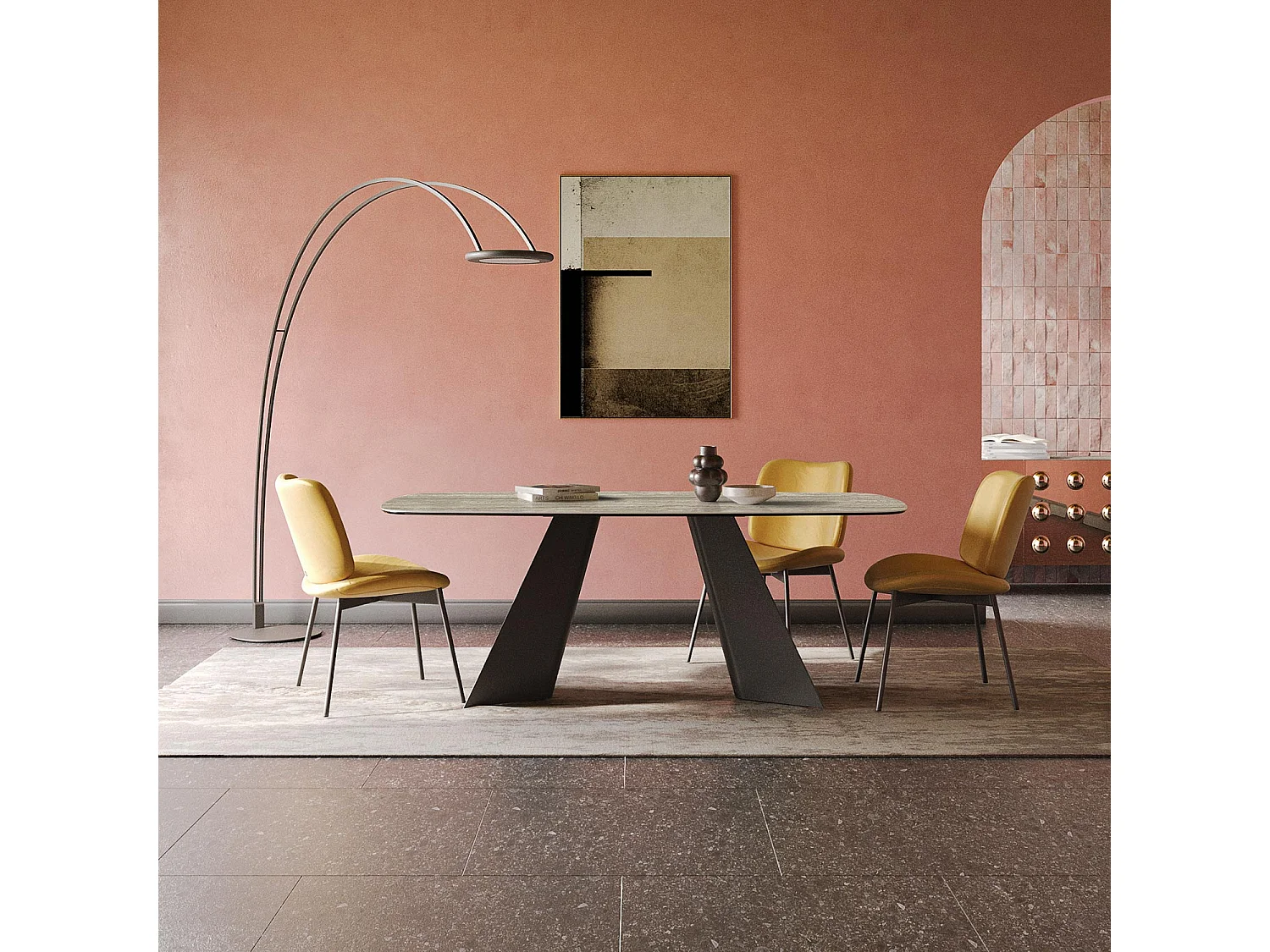 Table fixe double en travertin - gris charbon, baril à bord incliné, grés en travertin argenté