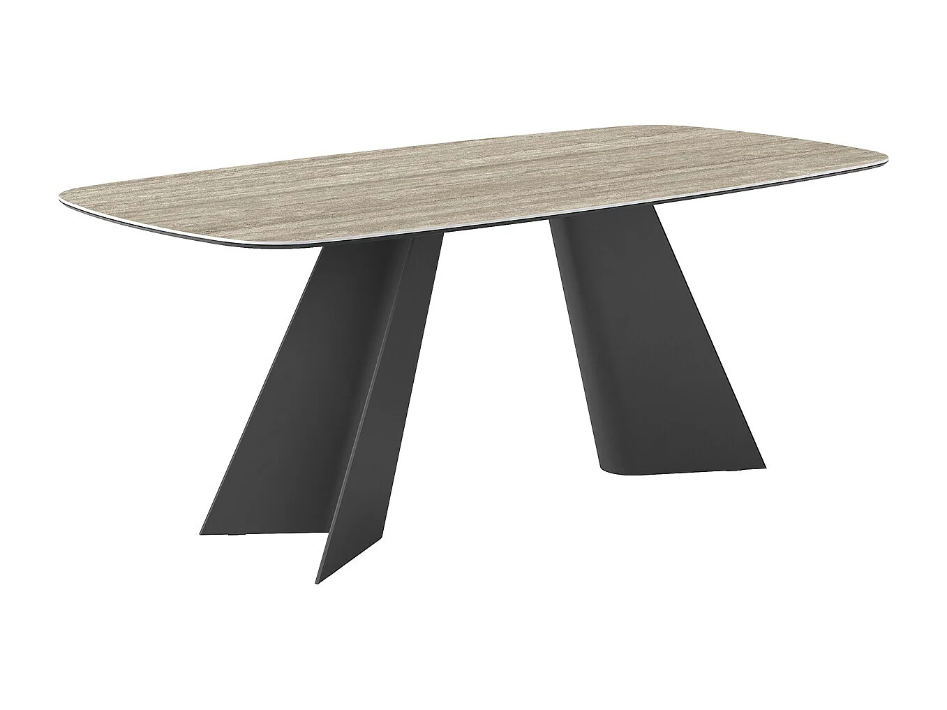 Table fixe double en travertin - gris charbon, baril à bord incliné, grés en travertin argenté