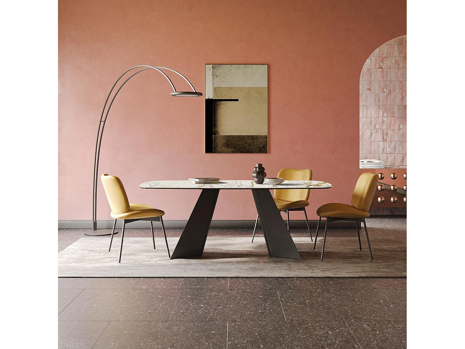 Table fixe jumelle - gris charbon, canon à bord incliné, plateau en porcelaine macchiavecchia mate