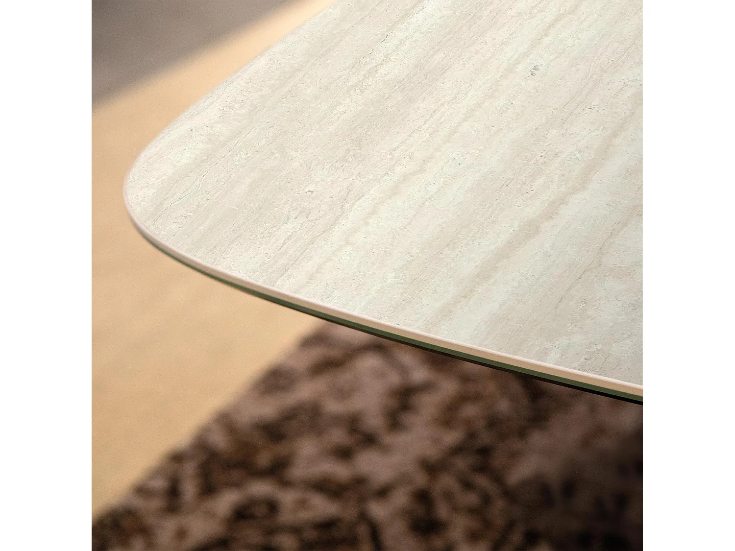 Table fixe double travertin - gris charbon, bord incliné du canon, grès travertin blanc